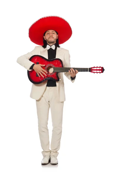 Funny mexicano en traje sosteniendo la guitarra aislado en blanco — Foto de Stock