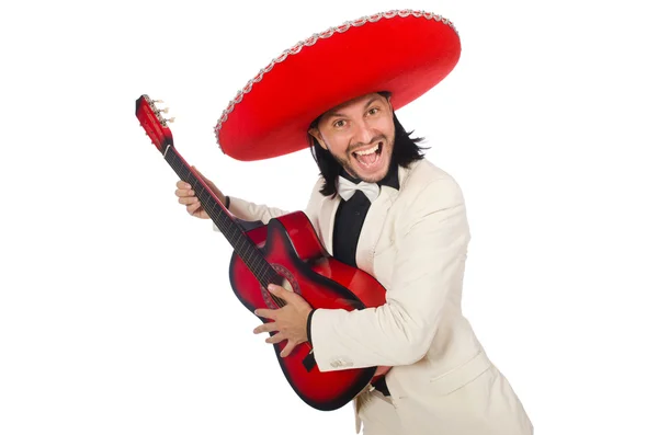 Legrační mexické v obleku drží kytara izolovaných na bílém — Stock fotografie