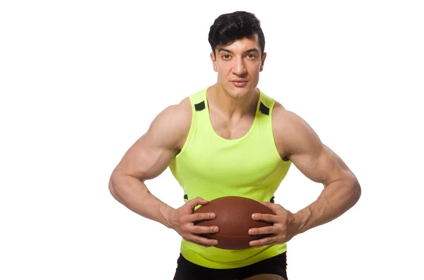 Hombre jugando fútbol americano aislado en blanco — Foto de Stock