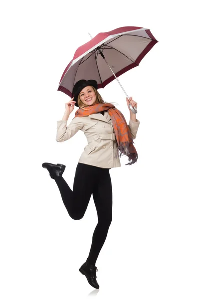Wanita dengan payung terisolasi di atas putih — Stok Foto