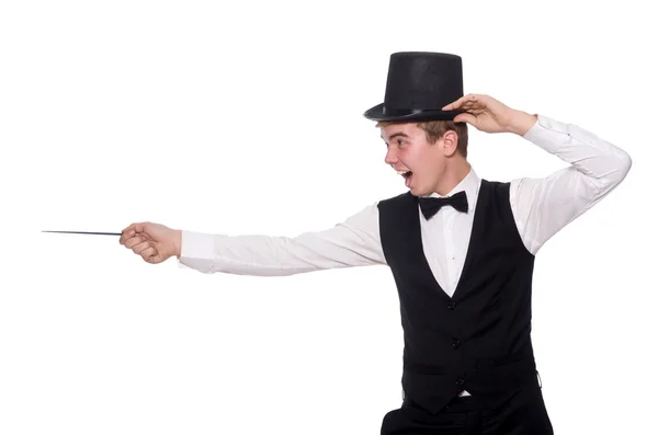 Magician with magic stick isolated on white Royalty Free Stock Images