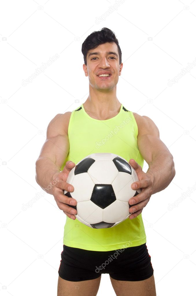 Man with football isolated on white