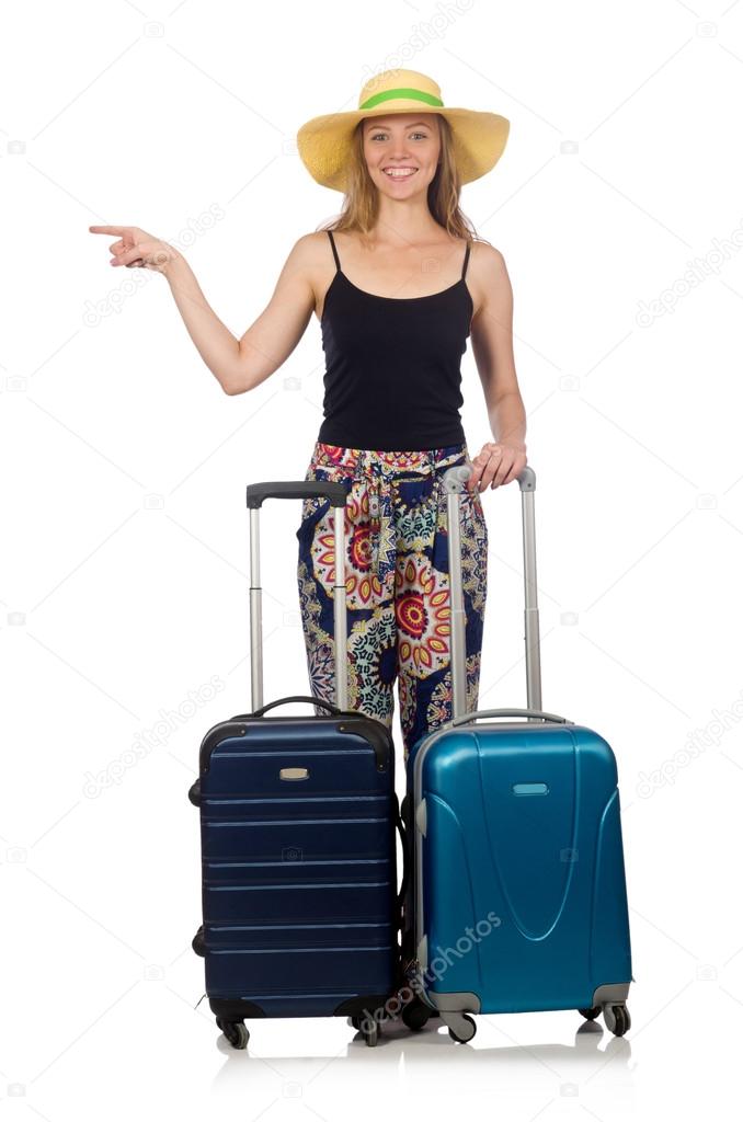 Woman ready for summer travel isolated on white