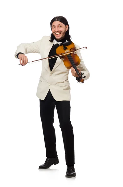 Uomo con violino che suona sul bianco — Foto Stock