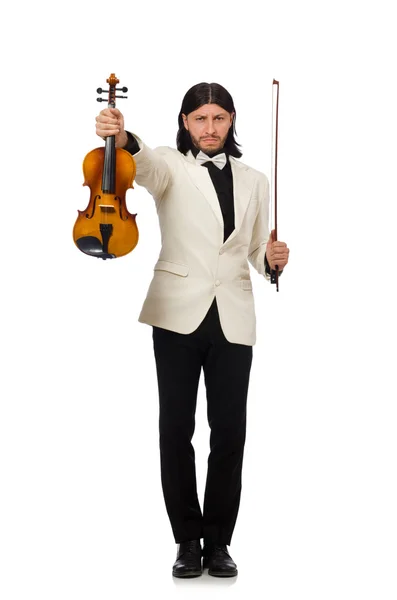 Uomo con violino che suona sul bianco — Foto Stock