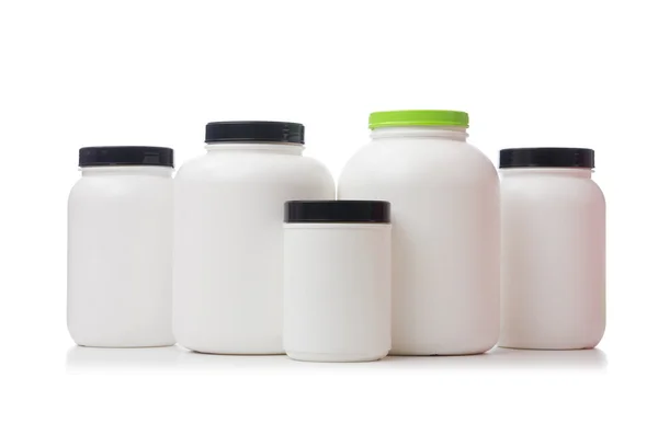 Frascos com proteína aditiva alimentar isolada em branco — Fotografia de Stock