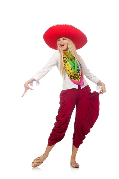 Mexikanisches Mädchen mit Sombrero, das auf Weiß tanzt — Stockfoto