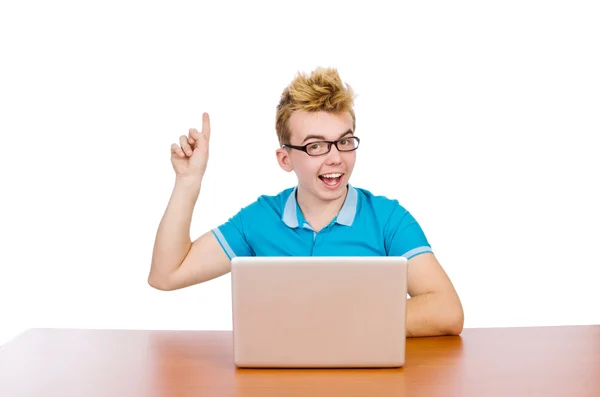 Student mit Laptop isoliert auf weiß — Stockfoto