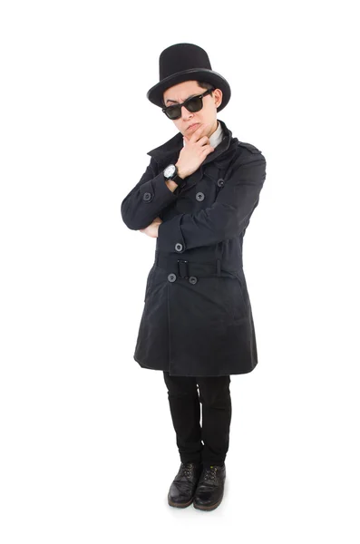 Young detective in black coat isolated on white — Stock Photo, Image