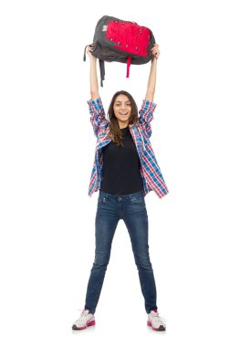 Sırt çantalı öğrenci kız beyazı izole etmiş.