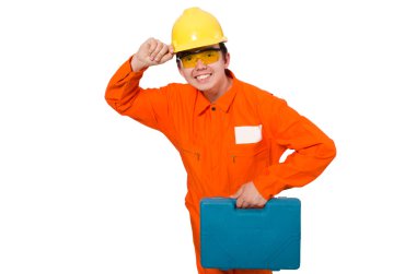 Turuncu tulumlu adam beyazlar içinde izole edilmiş.