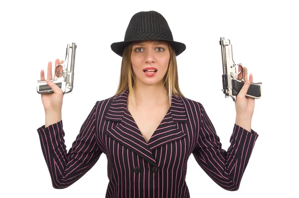 Gangster mulher com arma isolada no branco — Fotografia de Stock