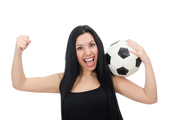 Mulher com futebol isolado no branco — Fotografia de Stock