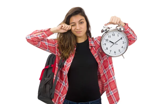 Jovem estudante menina com despertador — Fotografia de Stock