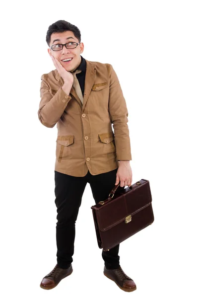 Jeune homme avec mallette marron isolé sur blanc — Photo