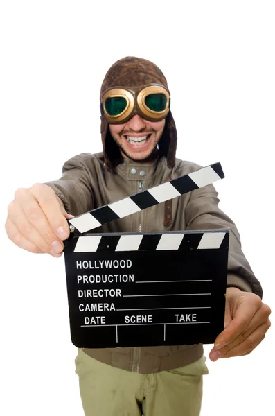 Pilot holding movie clapboard on white — Stock Photo, Image