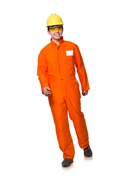 Hombre en mono naranja aislado en blanco — Foto de Stock