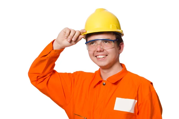 Man in oranje overall geïsoleerd op wit — Stockfoto