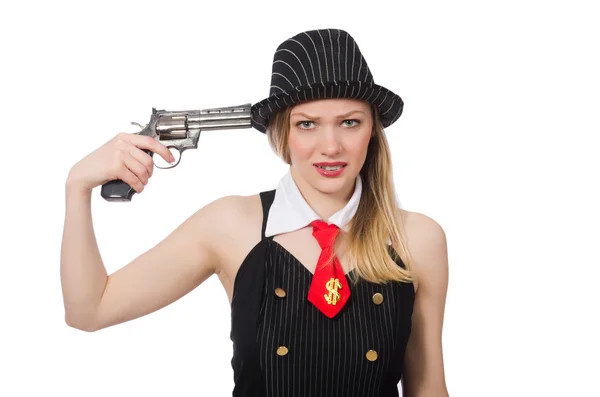 Gangster vrouw met pistool op wit — Stockfoto