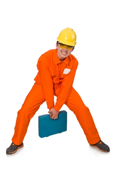 Человек в оранжевом комбинезоне изолирован от белого — стоковое фото