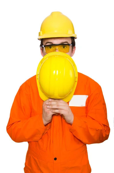 Mann in orangefarbenem Overall isoliert auf weißem Grund — Stockfoto
