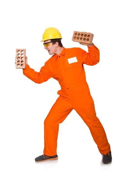 Man in oranje overall geïsoleerd op wit — Stockfoto