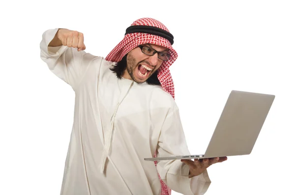 Emiraty człowiek z laptopa na białym tle — Zdjęcie stockowe