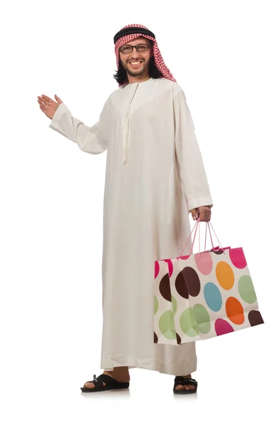 Arab man with shopping bags on white — Stock Photo, Image