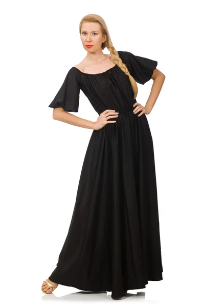 길고 검은 드레스를 입은 키큰 여자가 흰 옷에 고립되어 있다 — 스톡 사진