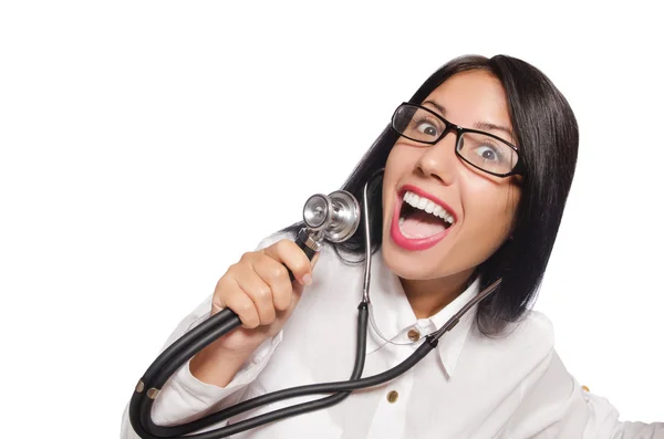 Médico mulher com estetoscópio em branco — Fotografia de Stock