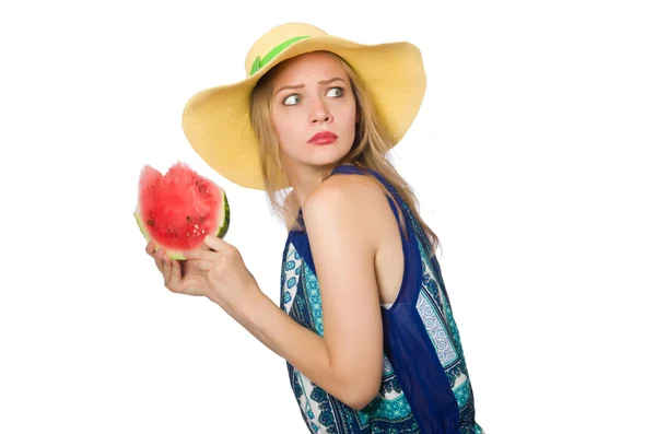 Vrouw met watermeloen geïsoleerd op wit — Stockfoto