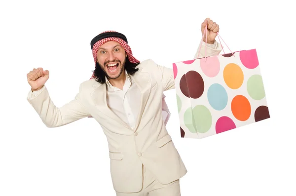 Uomo arabo con shopping bags su bianco — Foto Stock