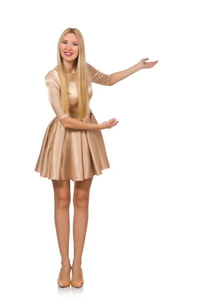 Chica bonita en mini vestido de satén aislado en blanco —  Fotos de Stock