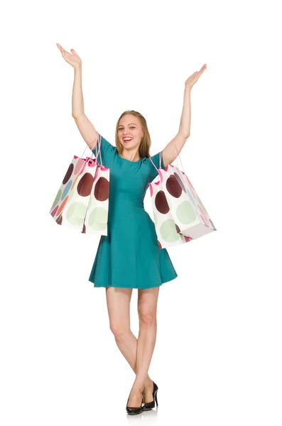 Mujer en el concepto de compras de Navidad en blanco — Foto de Stock