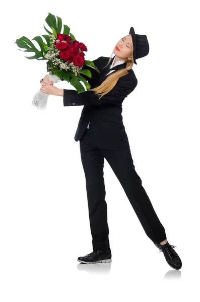 Mulher com um monte de rosas isoladas em branco — Fotografia de Stock
