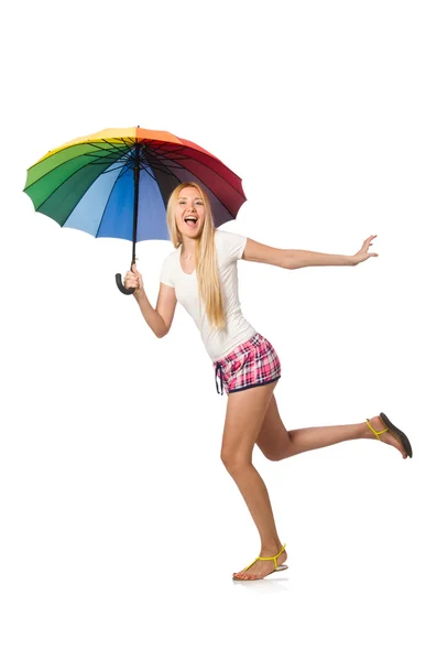 Ung kvinna med paraply isolerad på vitt — Stockfoto