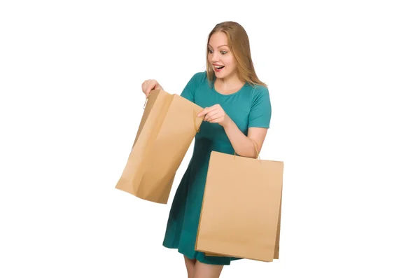 Mujer en el concepto de compras de Navidad en blanco — Foto de Stock