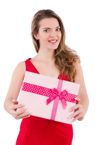 Pretty girl holding gift box isolated on white — Stock Photo, Image