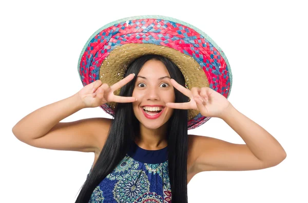 Giovane donna attraente che indossa sombrero su bianco — Foto Stock