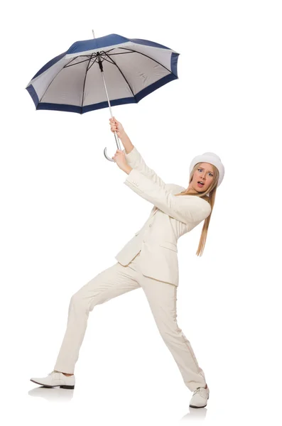 Woman with umbrella isolated on white — Stock Photo, Image