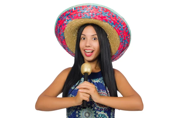 Young attractive woman wearing sombrero on white — Stock Photo, Image