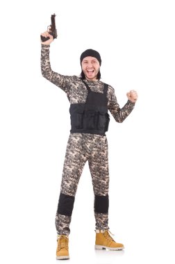 Beyaz izole tabanca ile beyaz asker