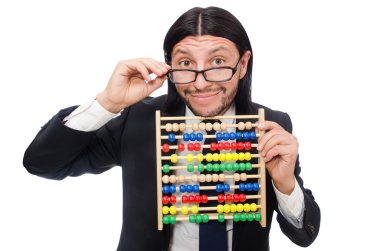 Hesap makinesi ve abaküsü olan komik bir adam.