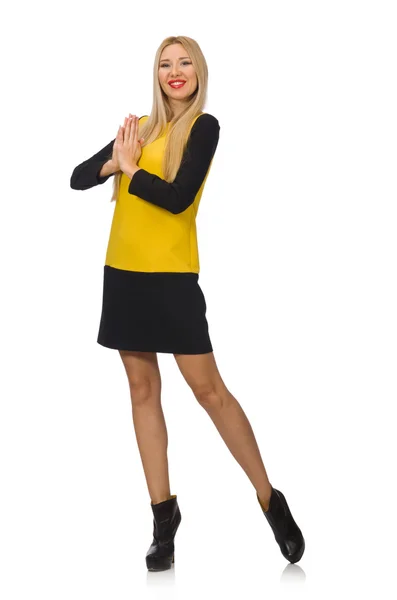 Blond włosy dziewczyna w żółtym i czarnym ubrania izolowane na białym — Zdjęcie stockowe