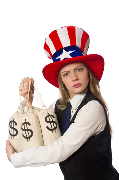 Mujer con sacos de dinero aislados en blanco —  Fotos de Stock
