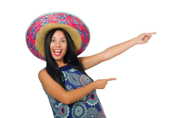 Mladá atraktivní žena nosí sombrero na bílém — Stock fotografie