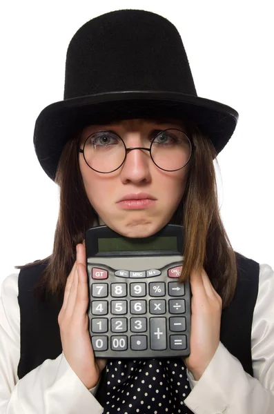 Mujer divertida con calculadora aislada en blanco — Foto de Stock