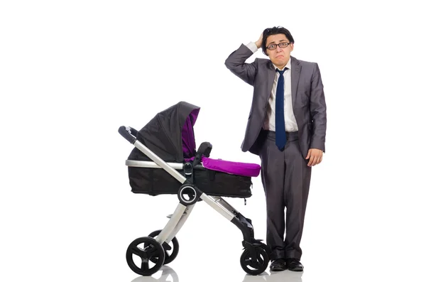 Rolig pappa med bebis och barnvagn på vitt — Stockfoto