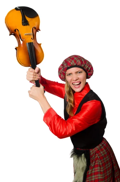 Mulher engraçada em roupas escocesas com violino — Fotografia de Stock