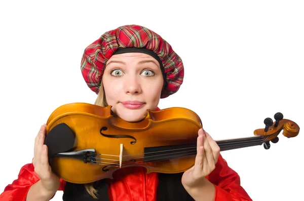 Mulher engraçada em roupas escocesas com violino — Fotografia de Stock